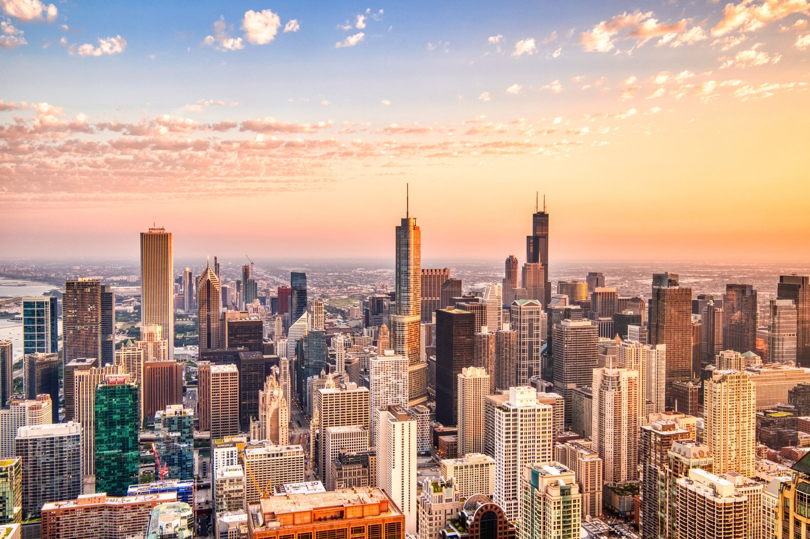 Chicago Aerial Skyline View at Sunset, Illinois