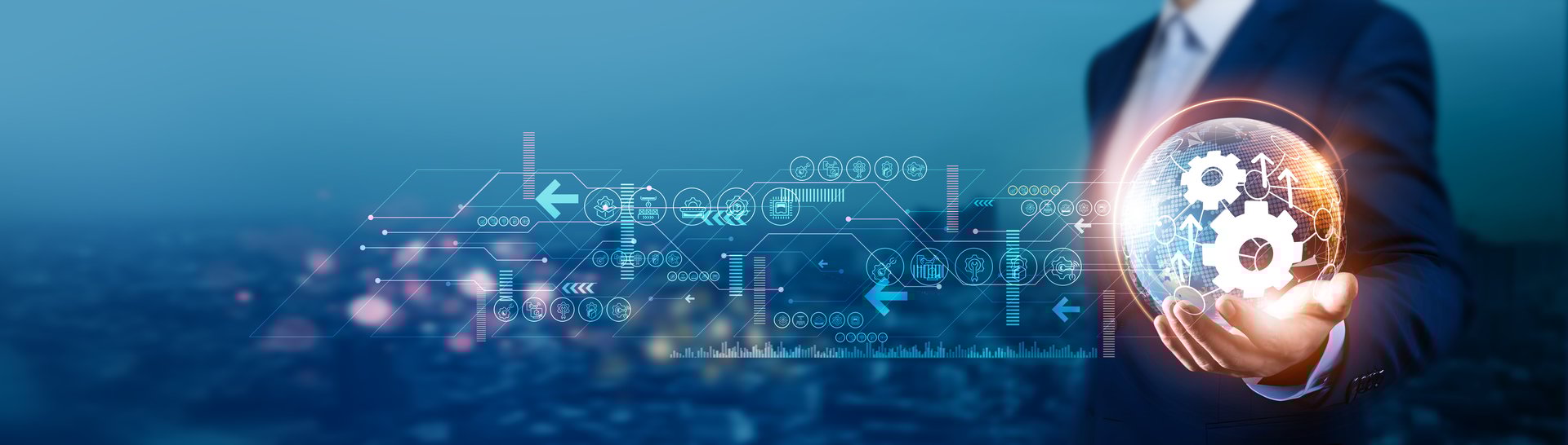 Automation. Businessman holds global automation with network connected to industry, technology, and business solution. Automation development aims to enhance productivity, efficiency, and innovation.