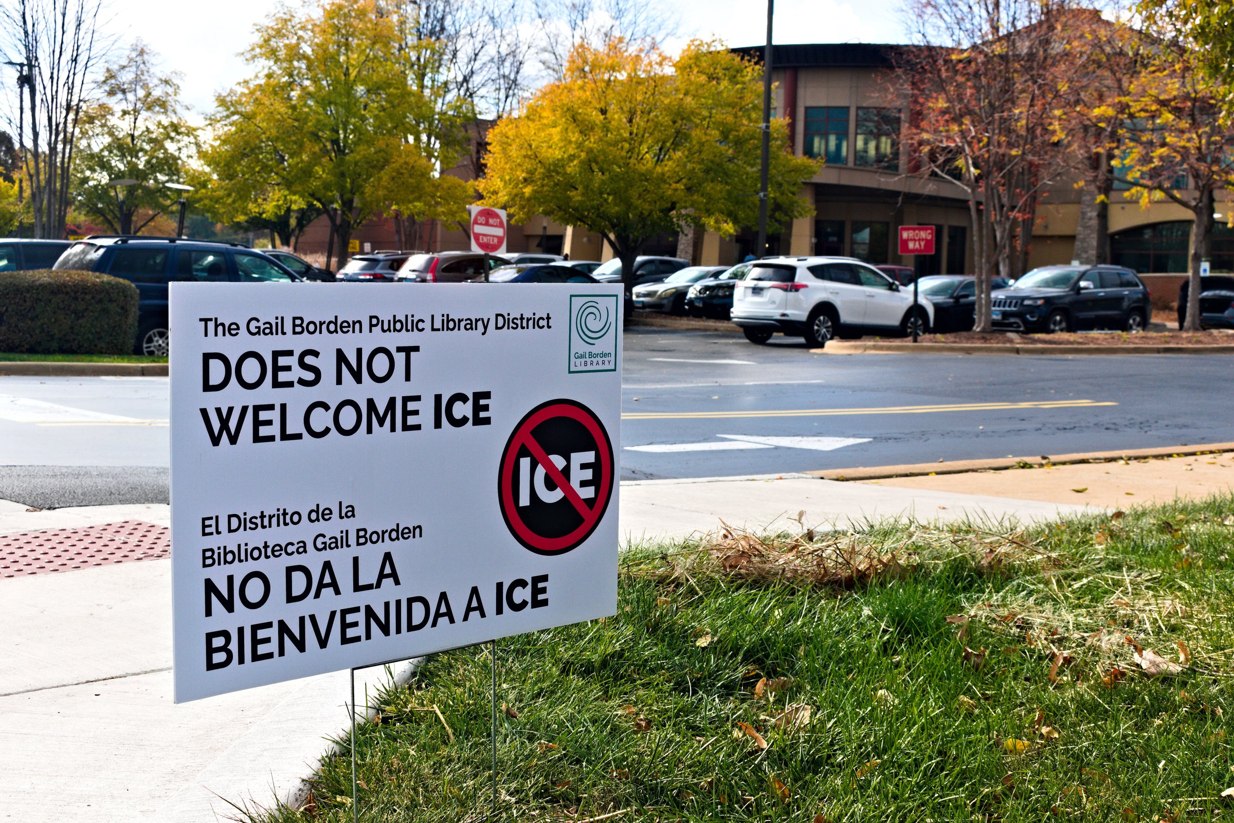 Elgin, IL November 1, 2025: A sign reading, ICE Not Welcome, posted outside the Gail Borden Public Library