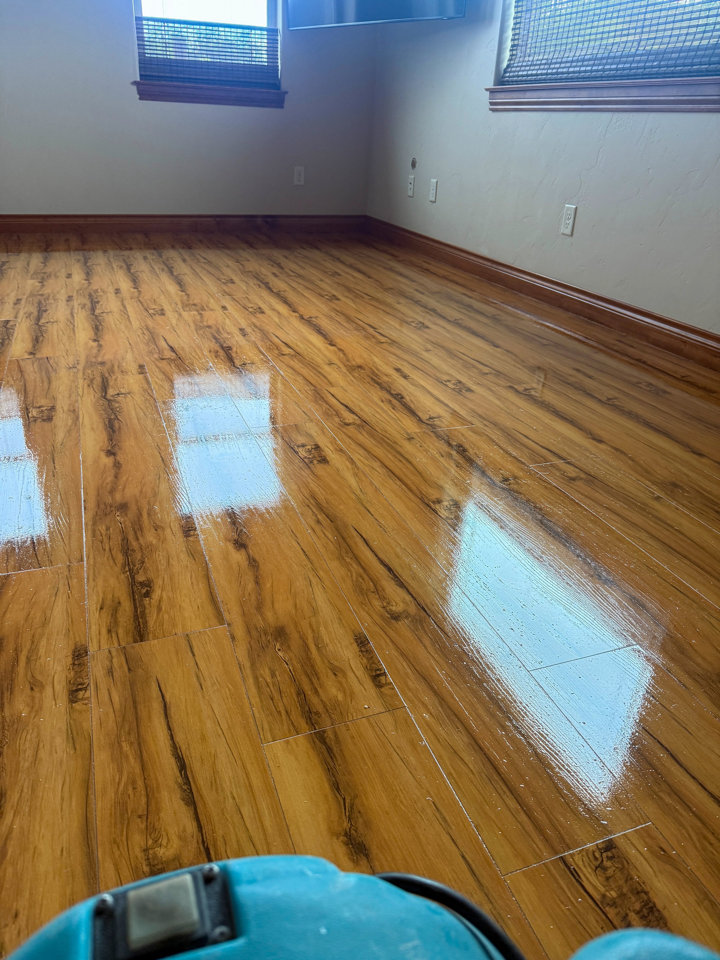 Polished wooden flooring in an empty room with sunlight reflecting off the glossy surface