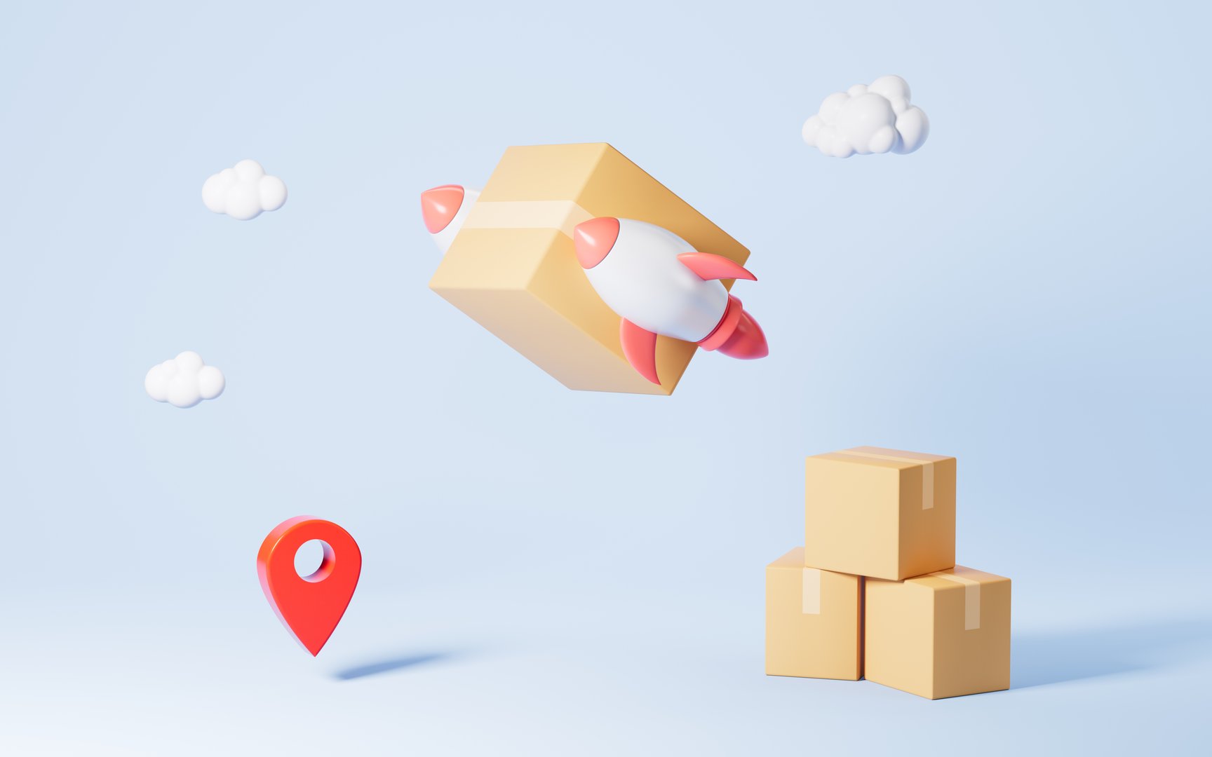 Rocket with boxes is ready to launch, Concept of the fast logistics and delivery, 3d rendering. Digital drawing.