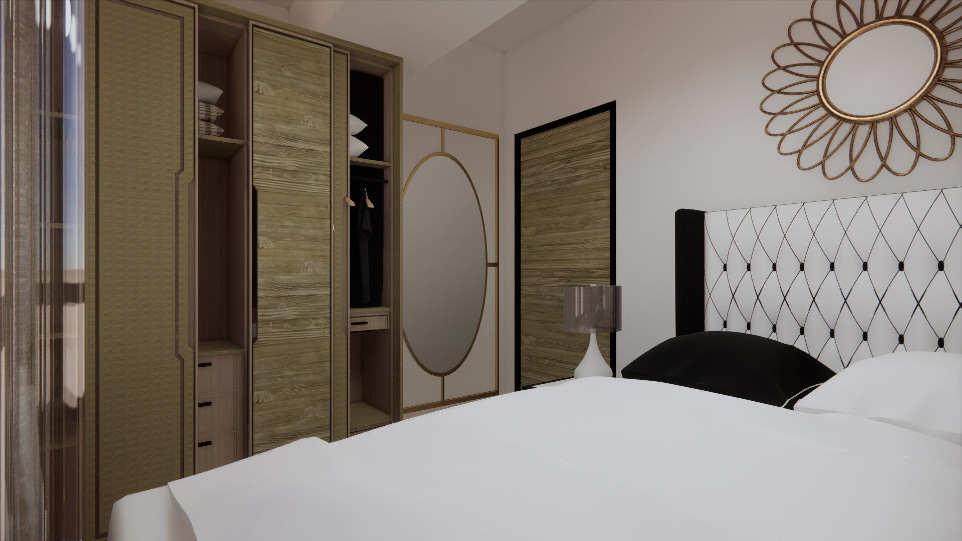 Modern bedroom with a cushioned headboard, textured wardrobe, large mirror, and decorative wall mirror.