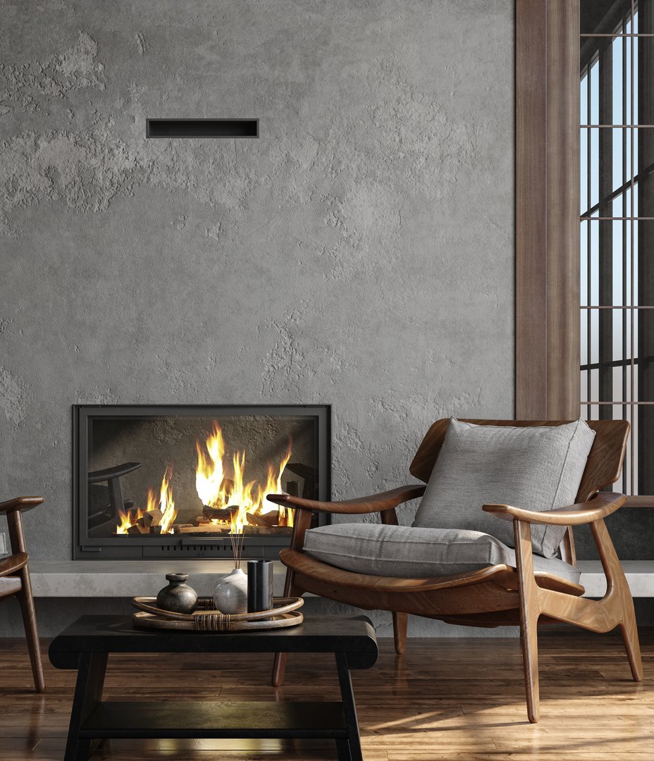 Dark living room loft with fireplace, industrial style, 3d render
