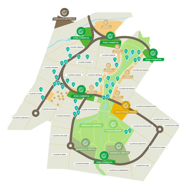 Illustrated map showing zones labeled as commercial, school, central park, and residential clusters in a planned area.