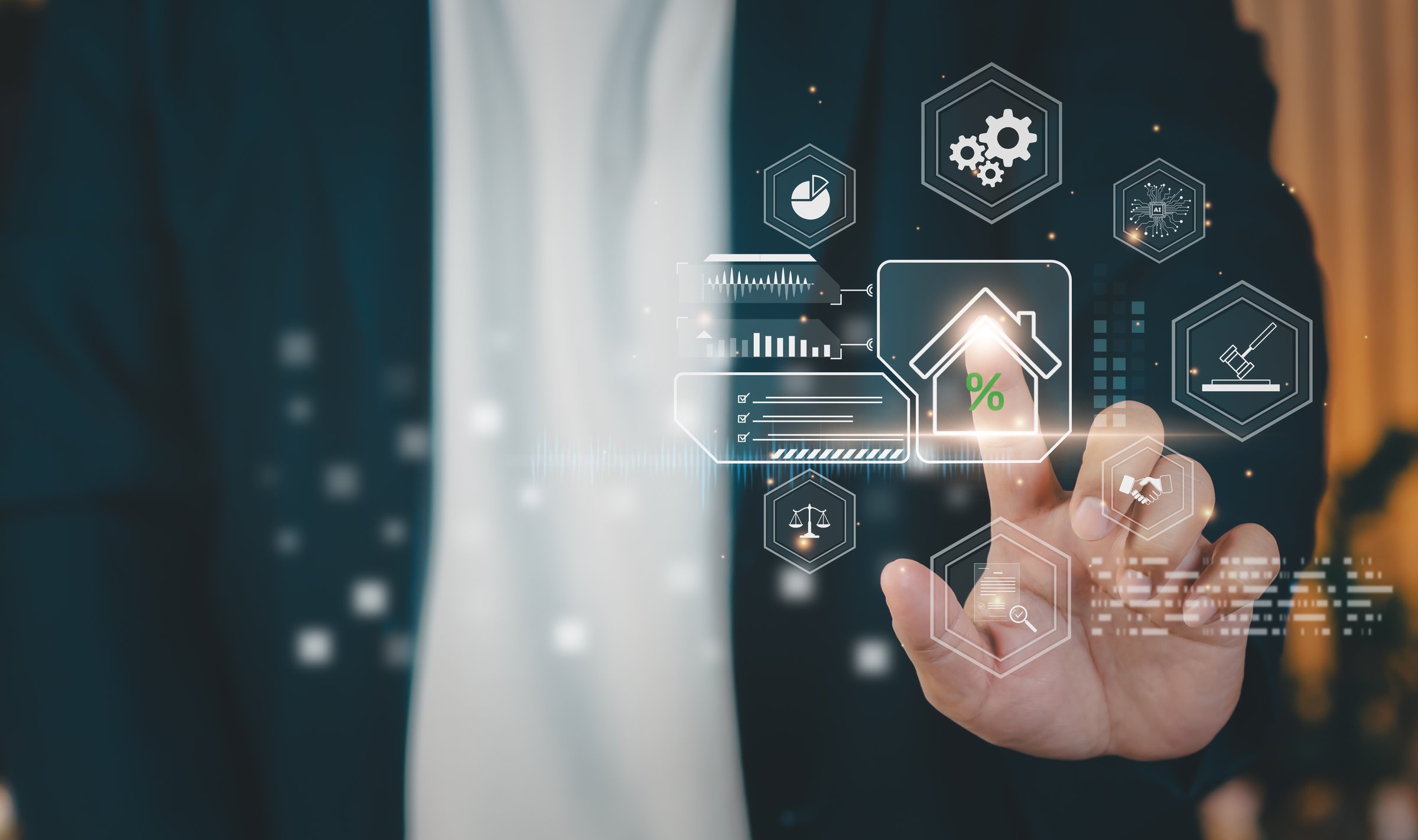 Concept digital real estate, finance, online auction technology. business professional touch holographic house icon with legal, analytics, gavel symbols, representing innovation, smart property deals.