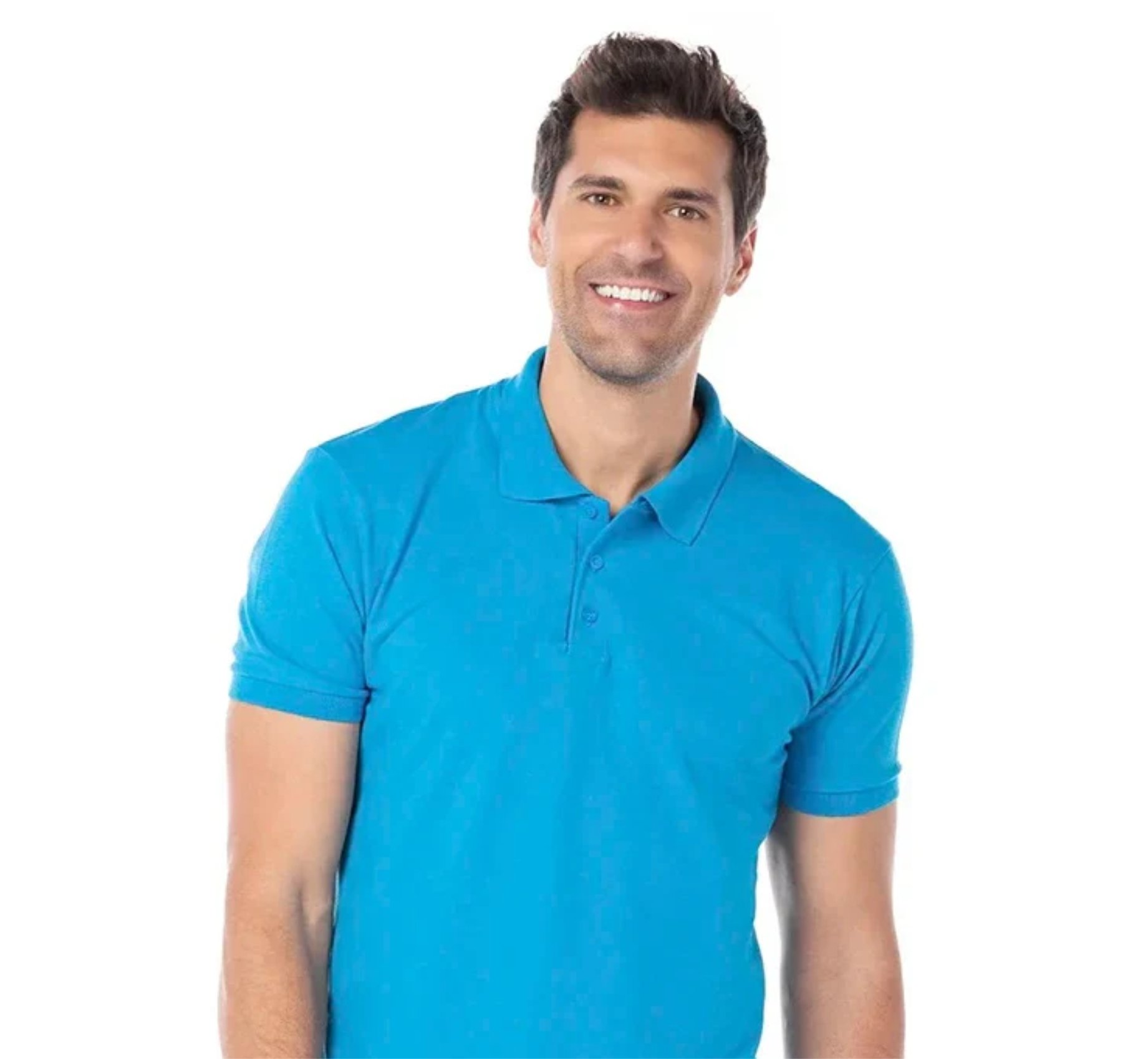 Man wearing a navy blue hoodie and jeans, standing with one hand in the hoodie pocket against a white background.