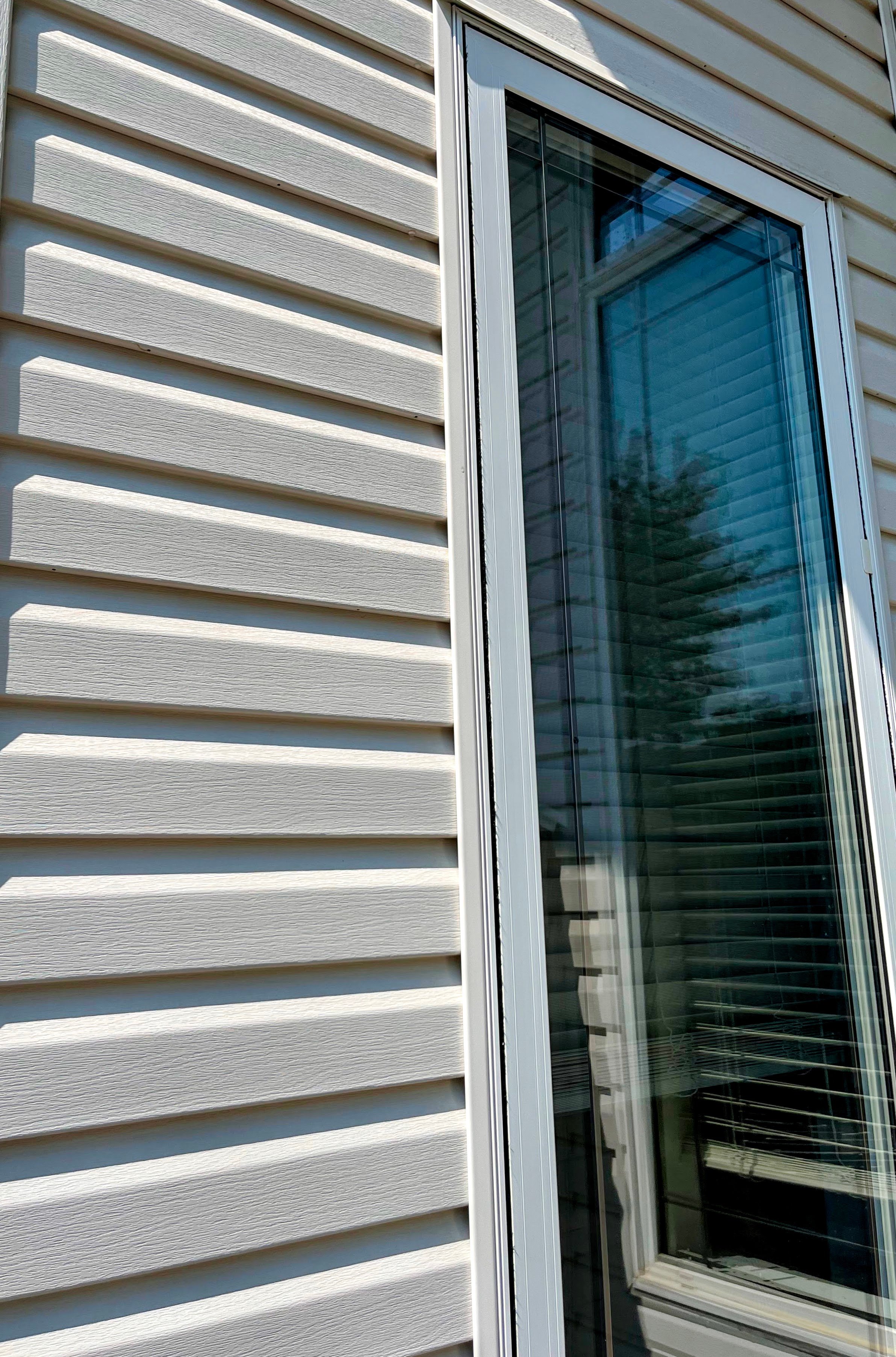 Close-up of a house exterior with beige vinyl siding and a window reflecting a tree and blinds inside.