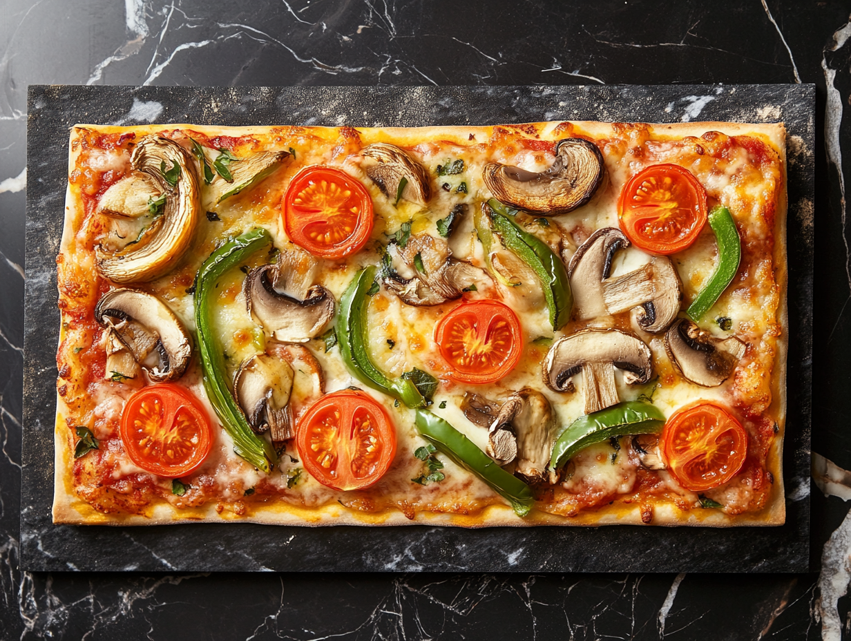 Rectangular pizza with mushrooms, green bell peppers, and cherry tomatoes on a marble surface.