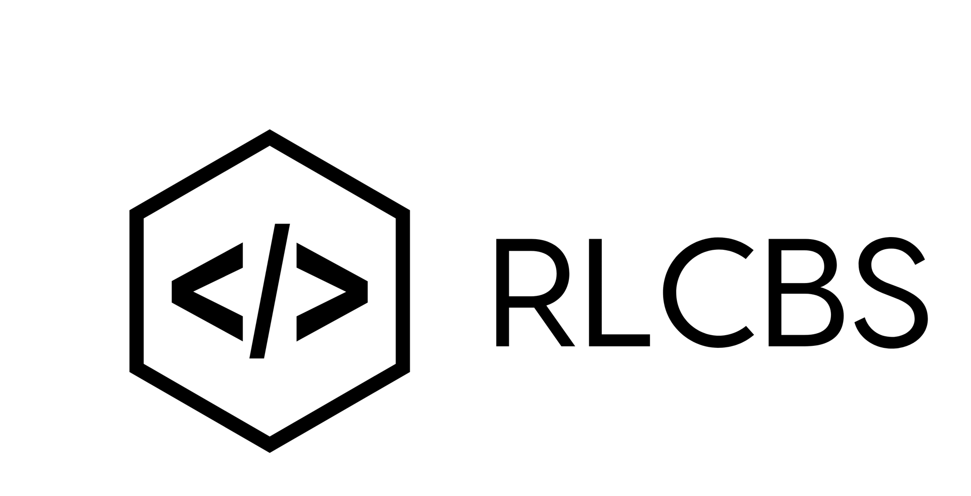 Hexagon with code symbol and text RLCBS in black on a transparent background.