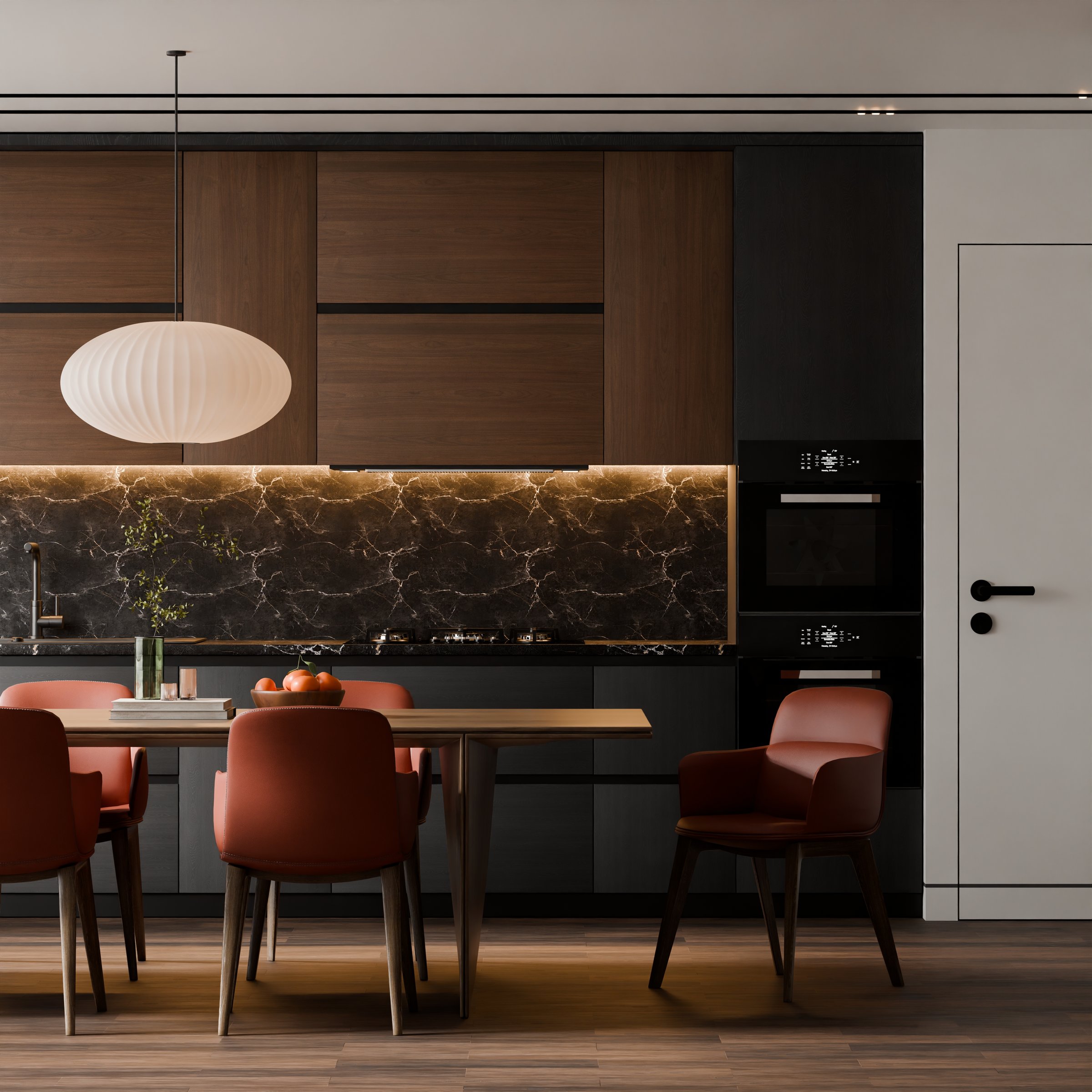A 3D visualization of a contemporary open-plan kitchen and dining space. The interior features dark wood cabinetry, a striking marble backsplash, and a dining set with bold terracotta-colored chairs.