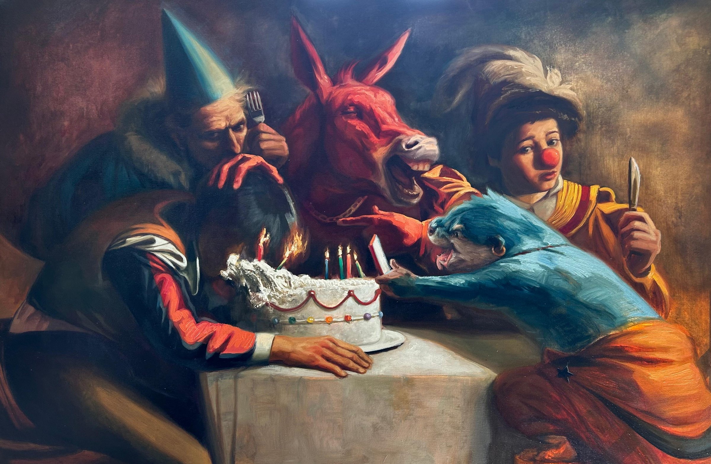 A whimsical scene with a donkey and colorful characters around a birthday cake. One character has a clown nose.