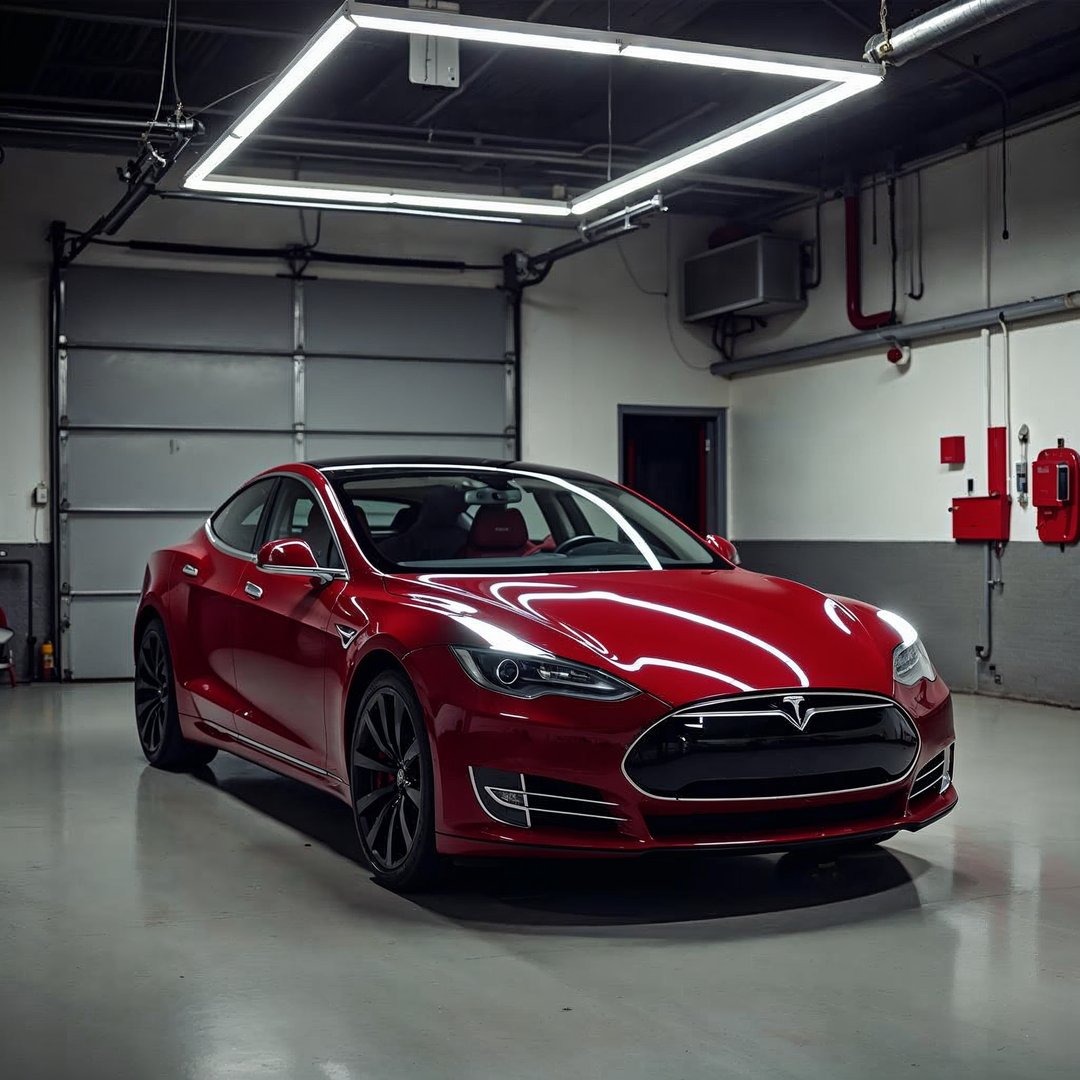 Tesla in garage with smart garage door opener