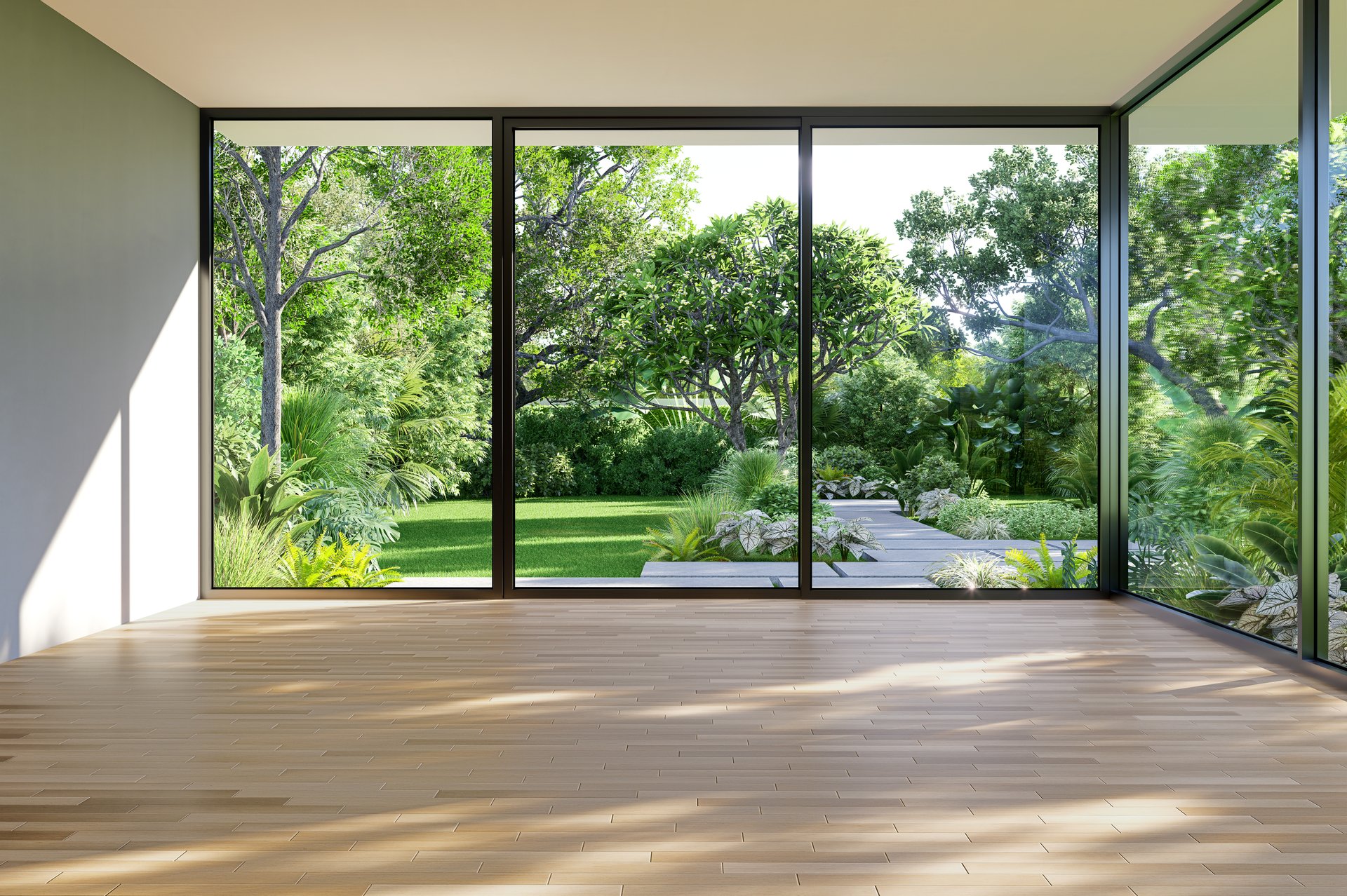 Modern contemporary style empty room with large window overlooking tropical green nature garden background 3d render illustration