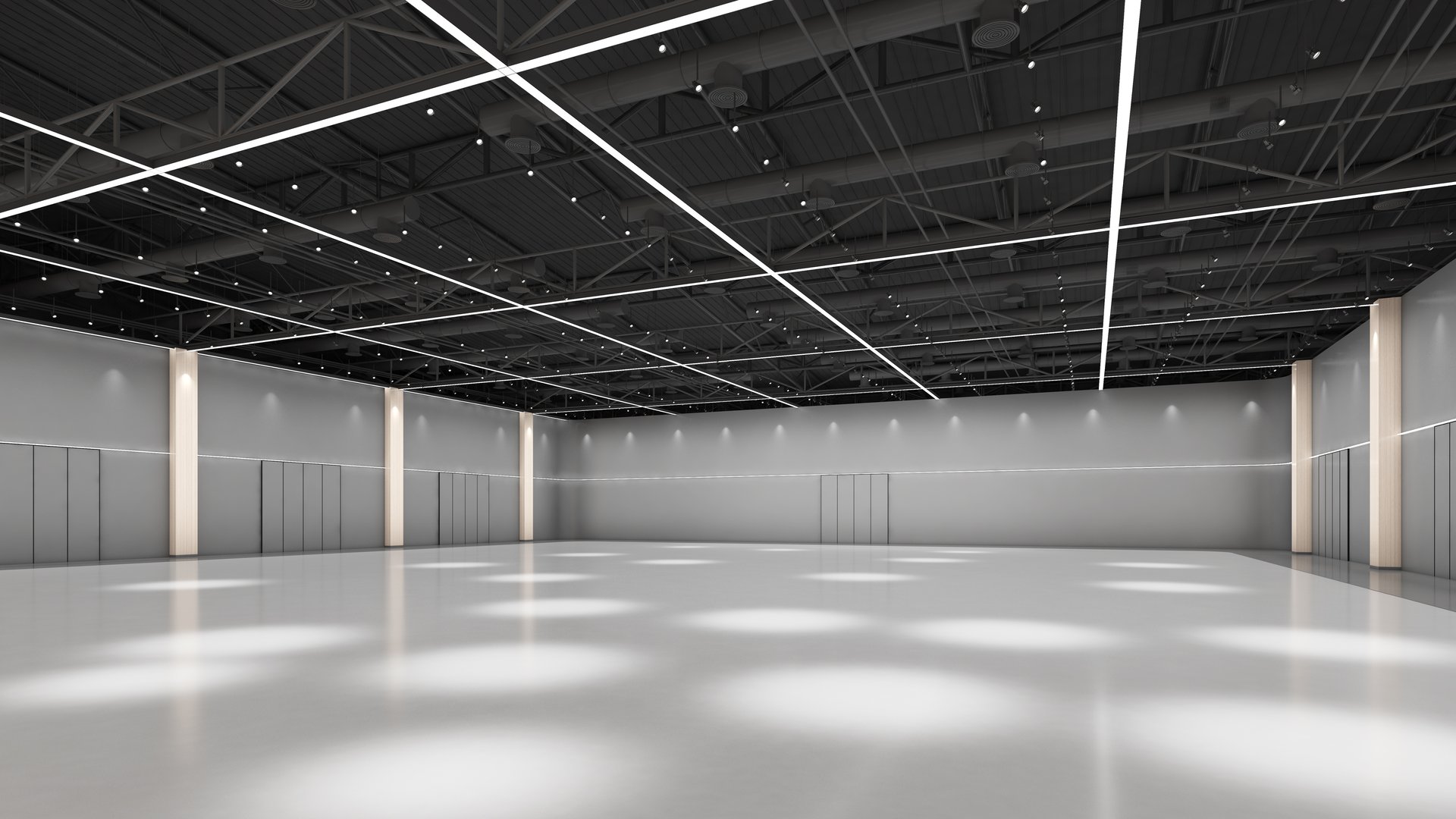 enormous white hall with exterior lighting large internal architecture white open space, 3d rendering