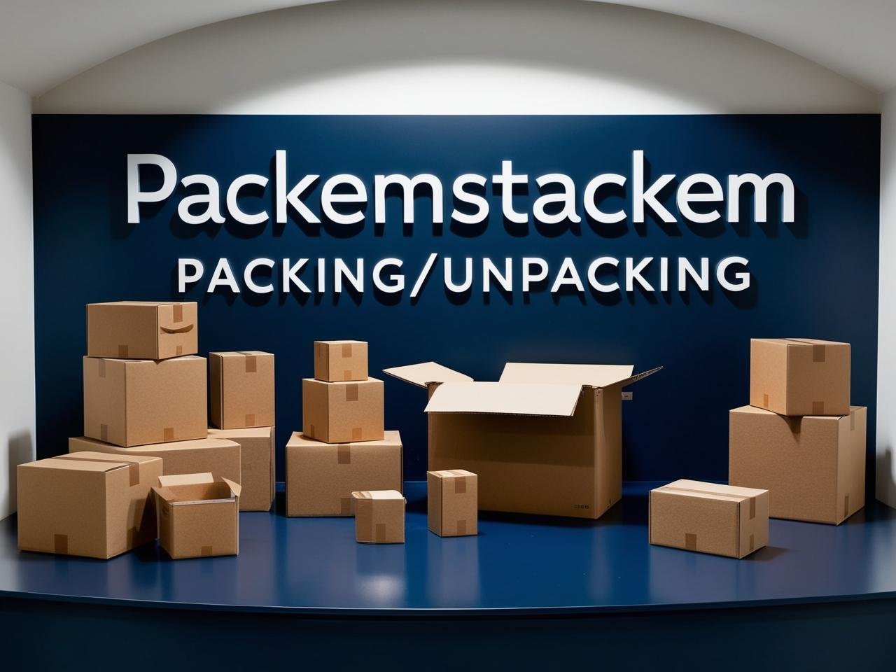 PackEmStackEm dark blue sign with packing boxes and packing/unpacking services branding