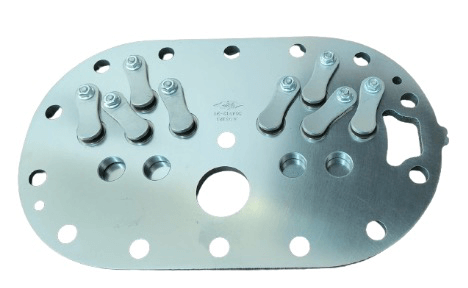 Metal valve plate with holes and levers, used in mechanical or industrial applications.