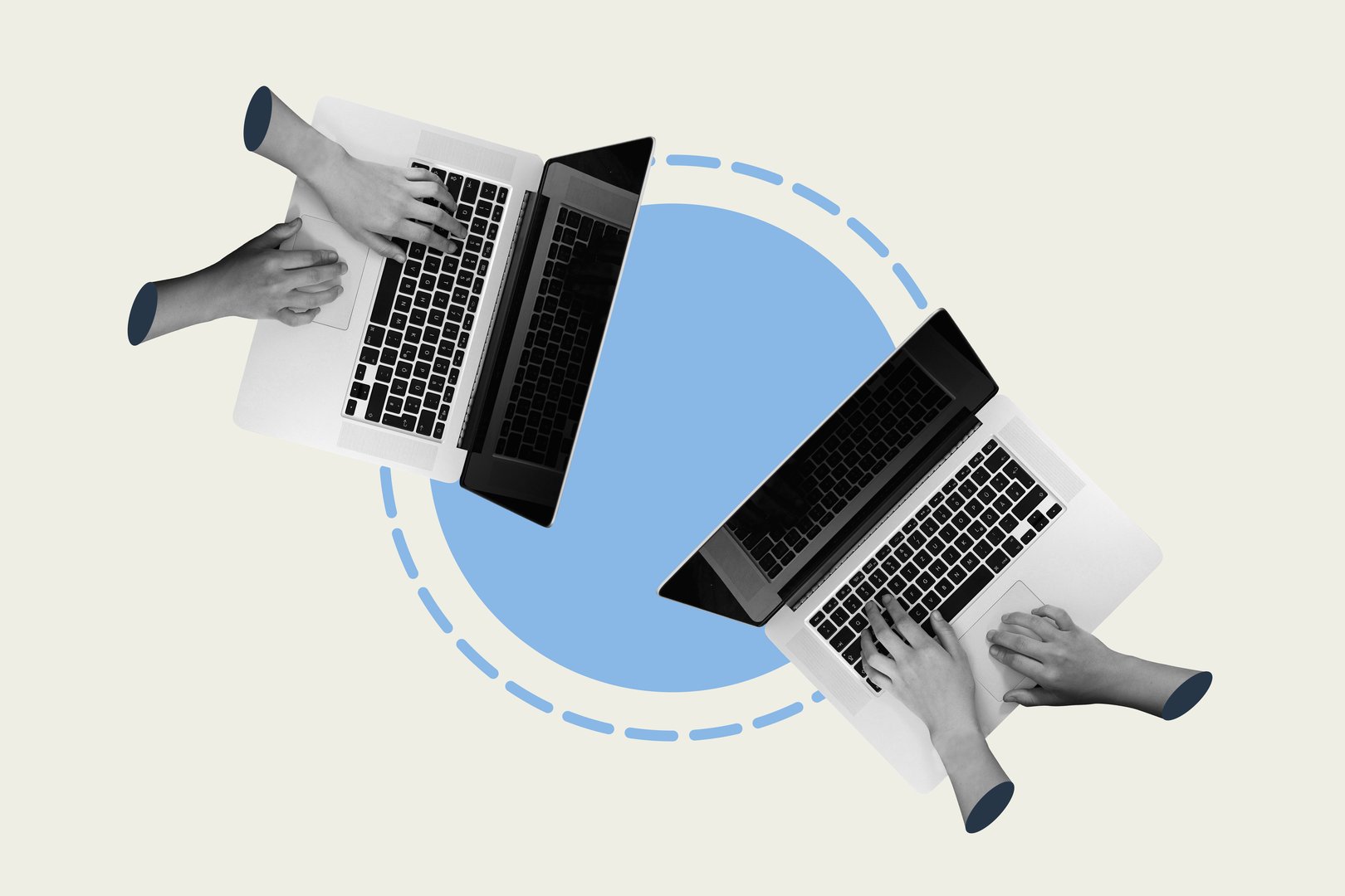 Collage style image of hands typing on two laptops facing each other with dotted blue circle, concept of online collaboration or file sharing