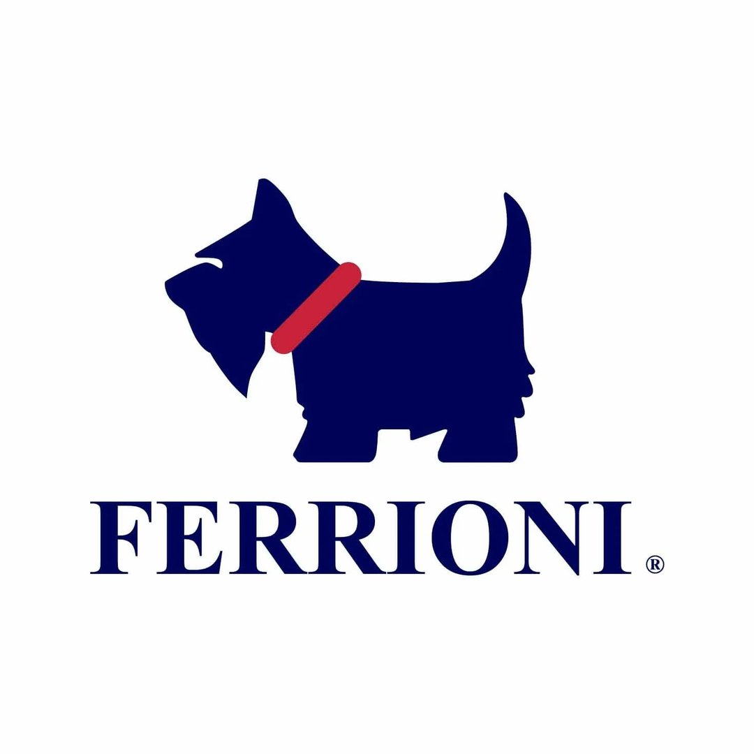 Silhouette of a Scottish Terrier with a red collar above the word 'FERRIONI' in bold, dark blue letters.
