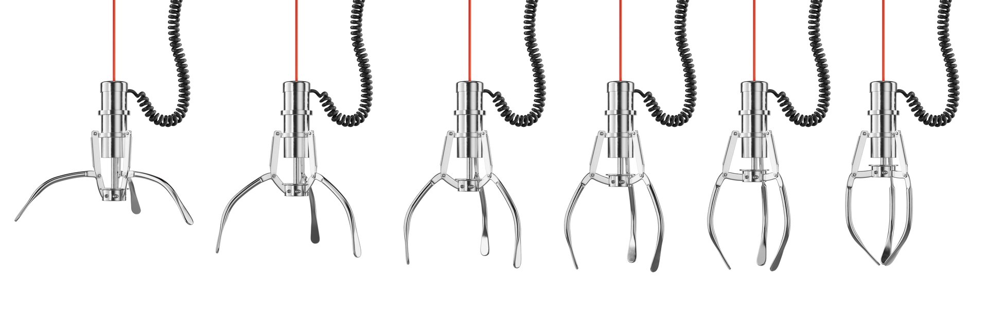 Opened and Closed Chrome Machine Claw Hand isolated on a white background. Robotic Claw Hand in different positions. 3d illustration.