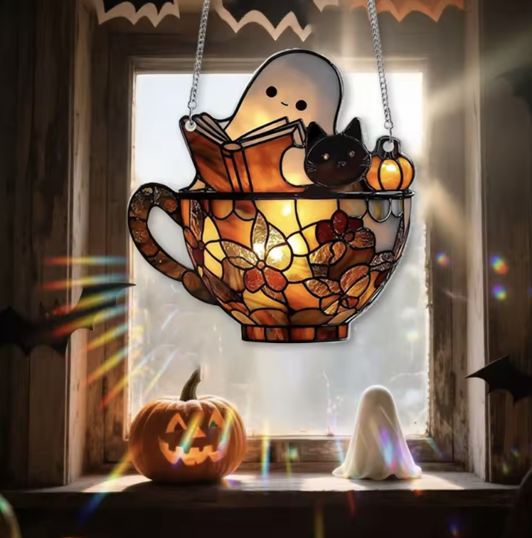 Halloween Ghost Reading Book Window Ornament