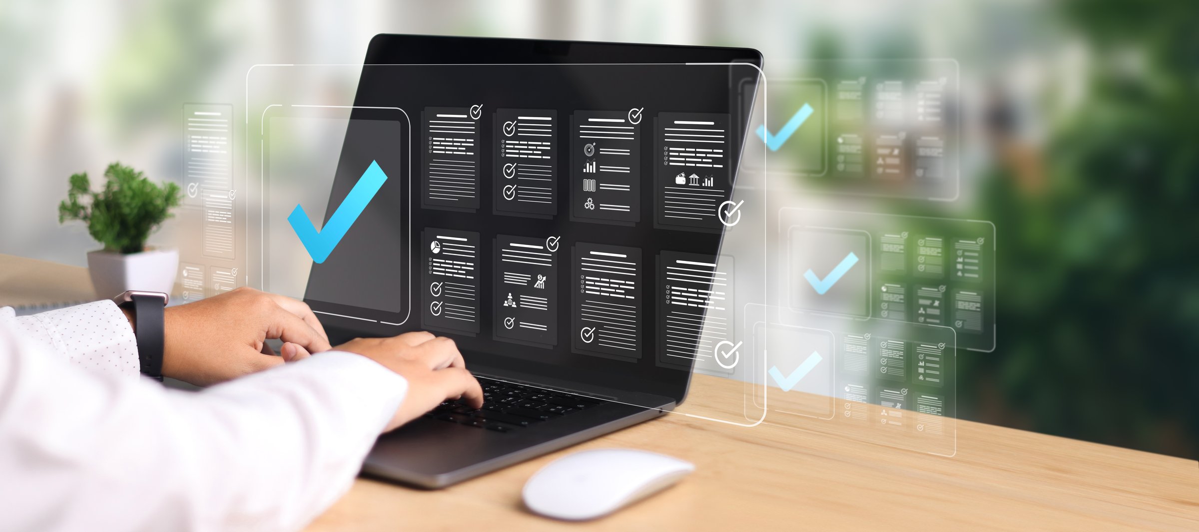 Businesswoman Take an assessment, Check list, questionnaire, evaluation, filling out an online survey form. Answer the test questions. online survey exam Choosing the right answer in the exam,