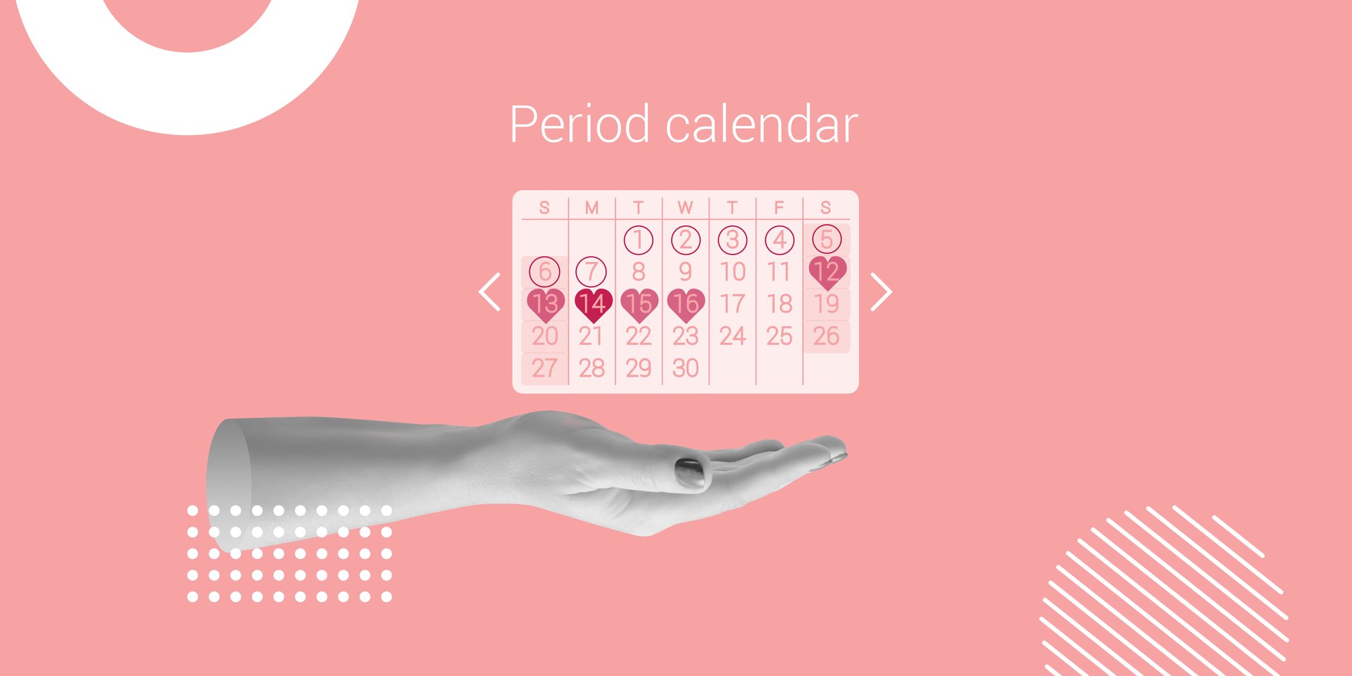 Graphic representation of period calendar above hand of woman on pink background. Contraception, pregnancy planning concept. Taking care of women's health. Minimalistic collage