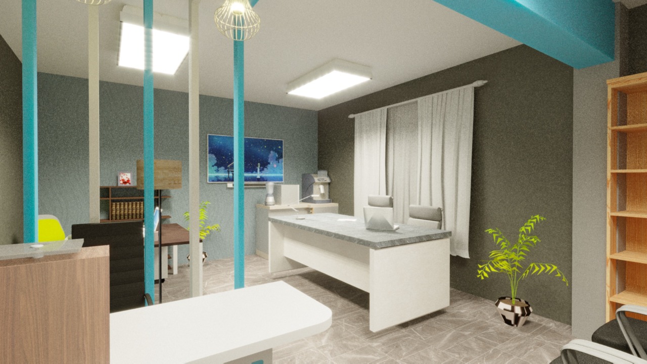 Modern office with a desk, chairs, laptop, shelves, plants, and a wall-mounted TV. Bright lighting and a minimalist design.