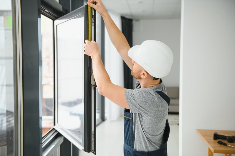 handsome young man installing bay window in new house construction site