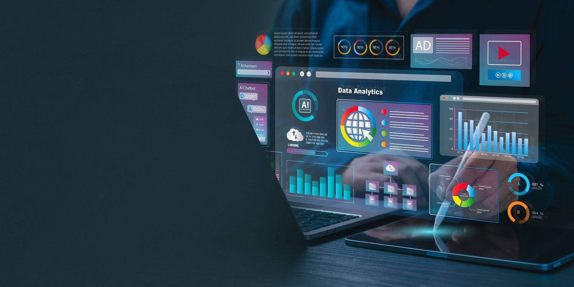 Data analytics automated with AI technology. Businessman use laptop and dashboard for Automating Data Management Analytics and Business Reports with KPIs. Database. Sales. Marketing. AI chat bot.