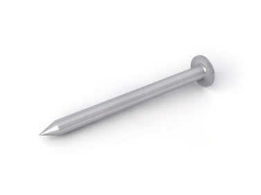 A single silver metal nail with a flat head and pointed tip, isolated on a white background.