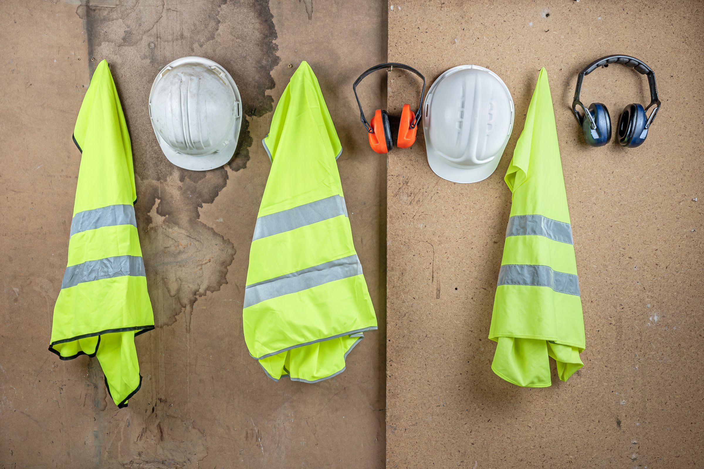 High visibility vests, hard hats and protective earmuffs hanging on wall as PPE for safety at construction site.