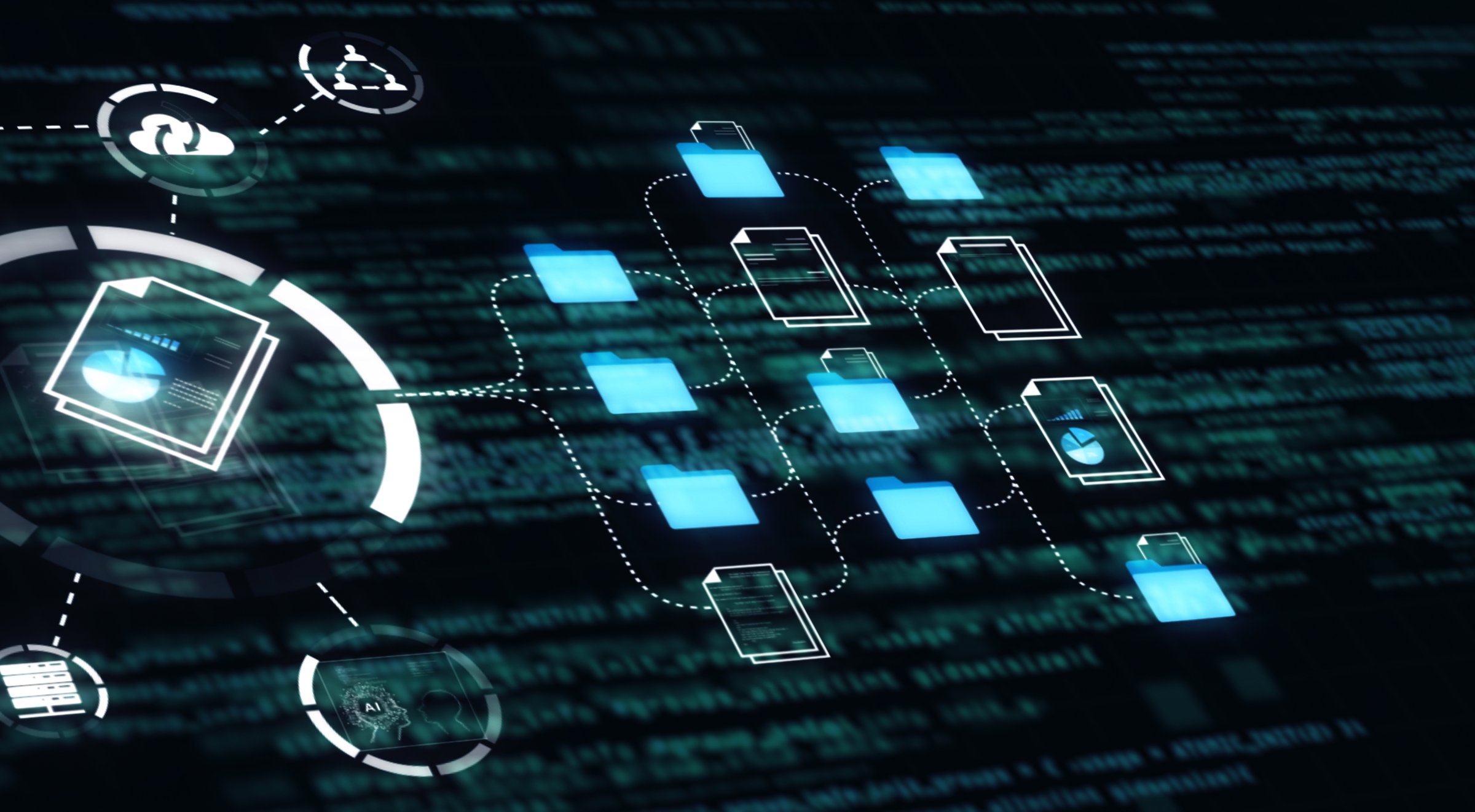 futuristic holographic interface of a file manager, folder structure with documents and data scanning, digital document storage software, cloud database, search and manage documents, paperless office, corporate business