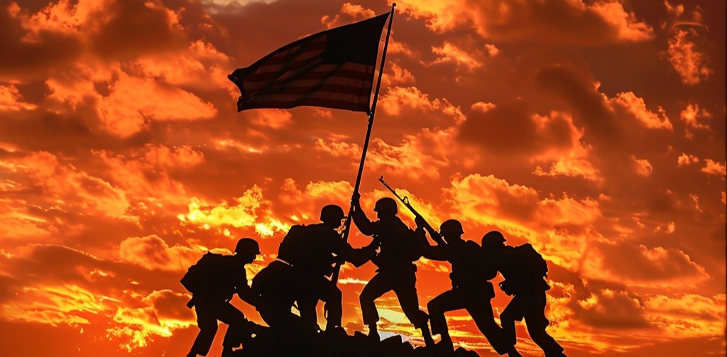 Silhouette of soldiers raising a flag against a dramatic orange sky, reminiscent of Iwo Jima.