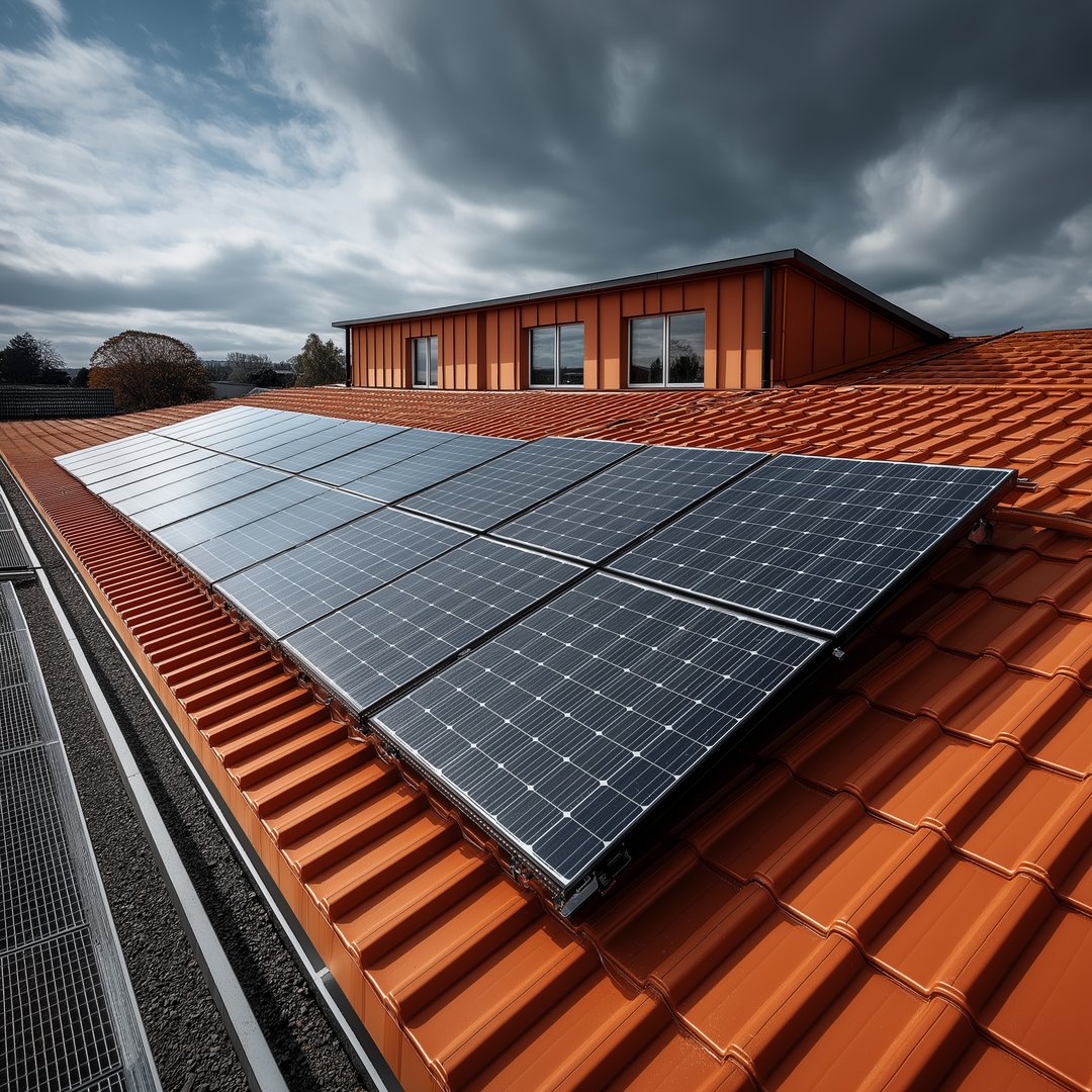 Solar panels on a red tiled roof under a cloudy sky, with a modern building in the background.