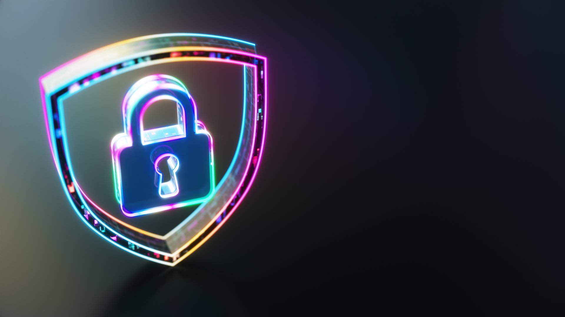 Digital security concept. Digital shield and lock glowing on dark modern futuristic technology background. Firewall protection from viruses and malware. 3d Rendering.