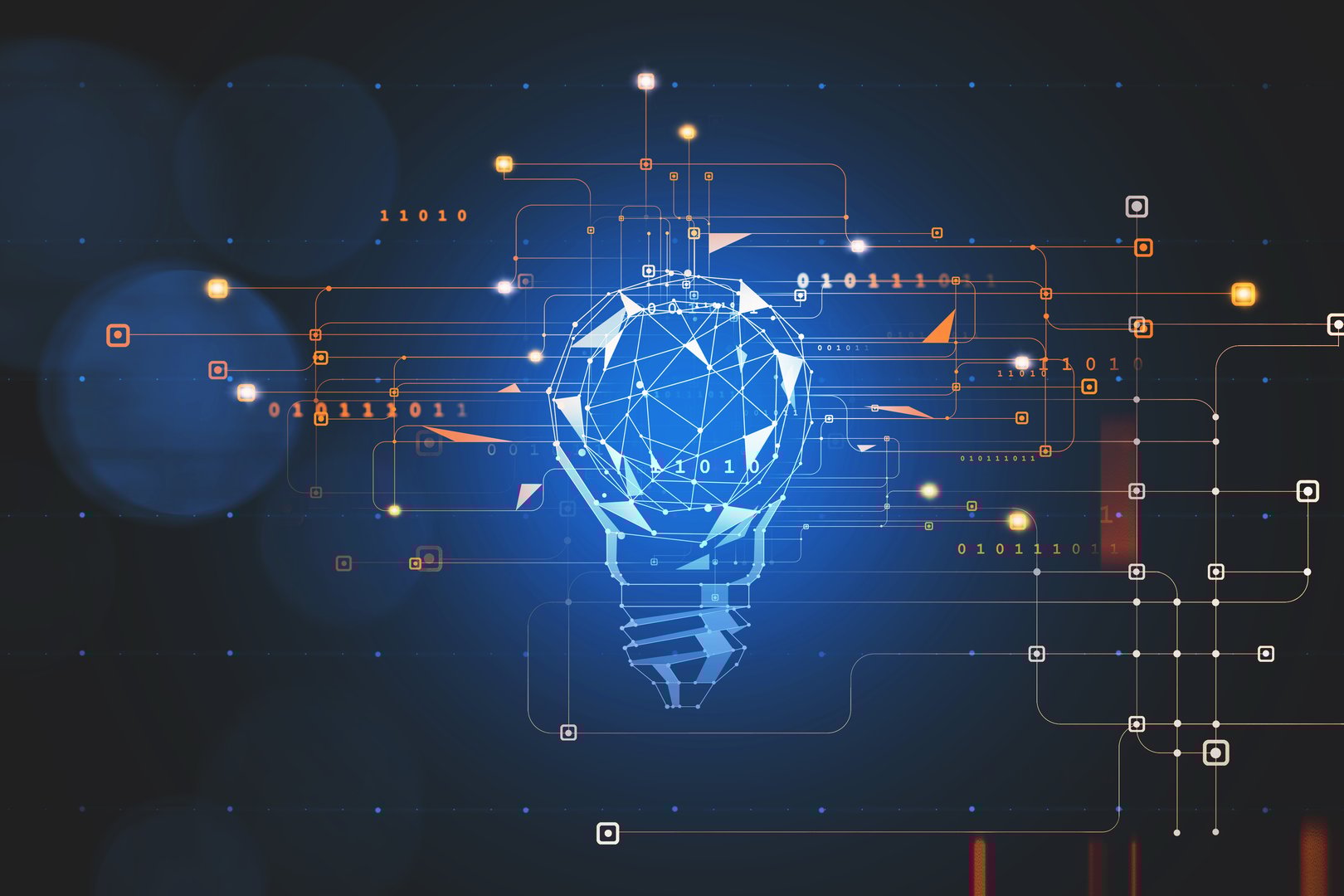 Technological syberspace with futuristic geometric white bulb and surrounding orange wireframe over dark blue background. Innovative idea concept. 3d rendering