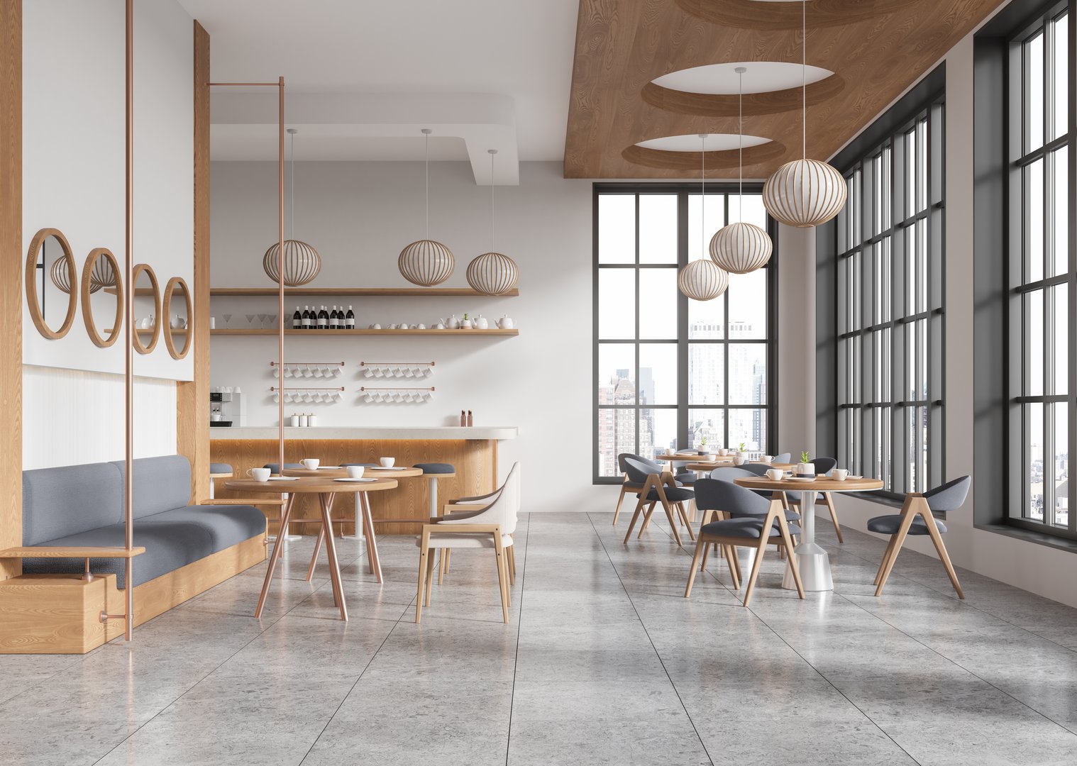 Modern cafe with wooden chairs and tables, gray cushioned seating, and pendant lights. Large windows bring natural light. Warm, minimalist design. 3D Rendering