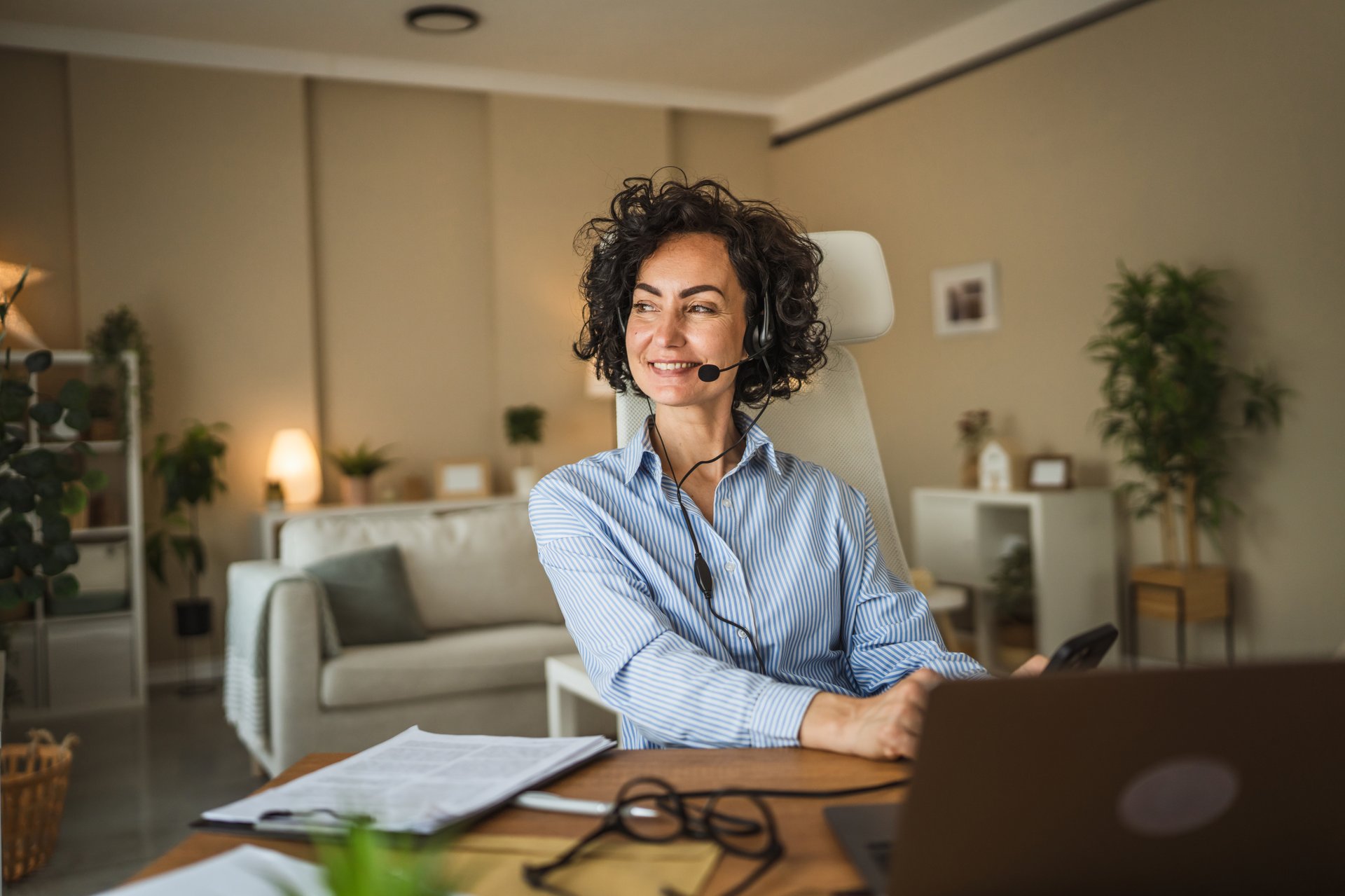 Call center female agent with headset