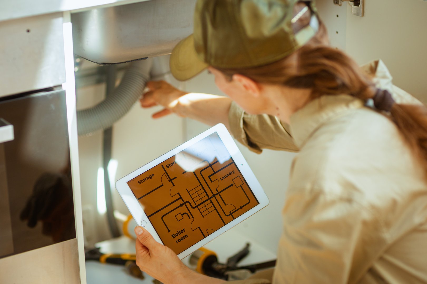 A woman plumber with a ponytail inspects plumbing under a sink, referencing a floor plan on a tablet in a well-lit kitchen.