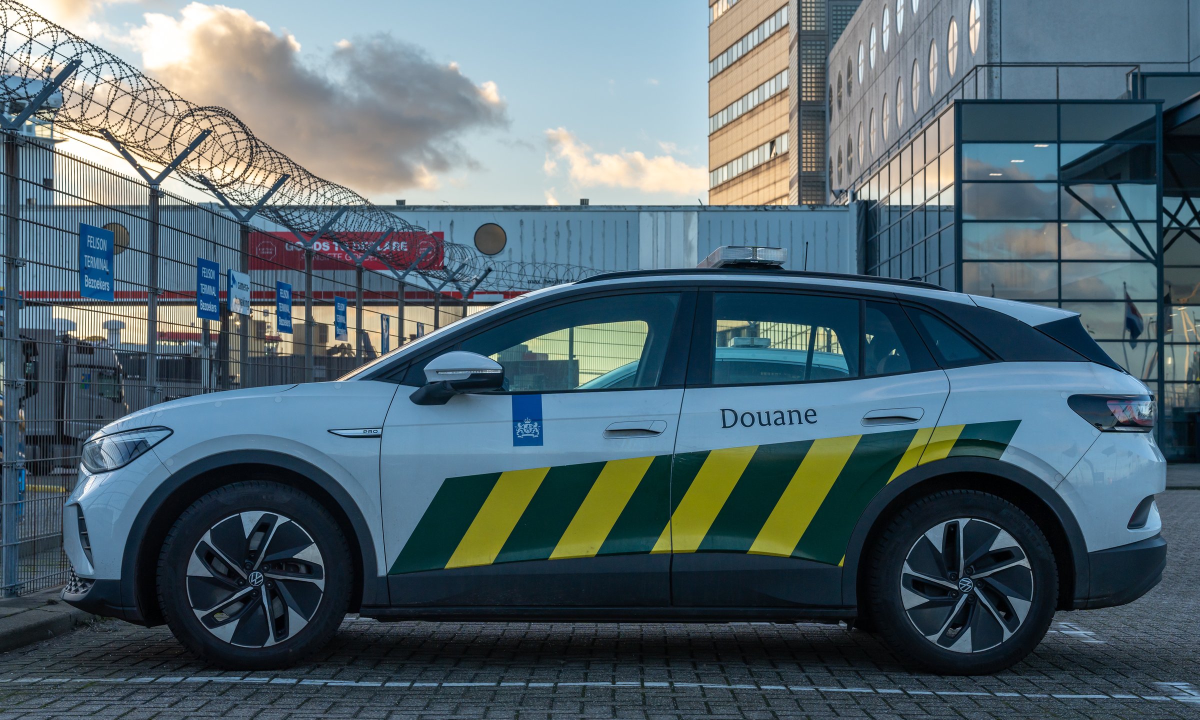 Ijmuiden, The Netherlands, 19.01.2024, Dutch customs Douane car parked in front of the ferry terminal