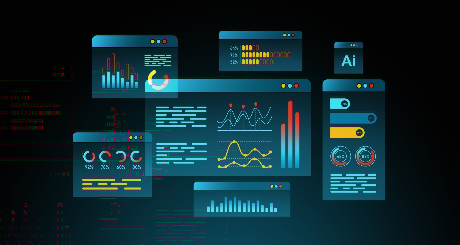 Multiple digital dashboards with colorful charts, graphs, and data visualizations on a dark background, representing data analysis and statistics concept. 3D Rendering.
