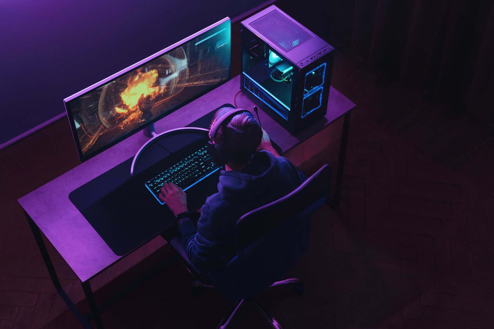 Gaming setup with neon lighting