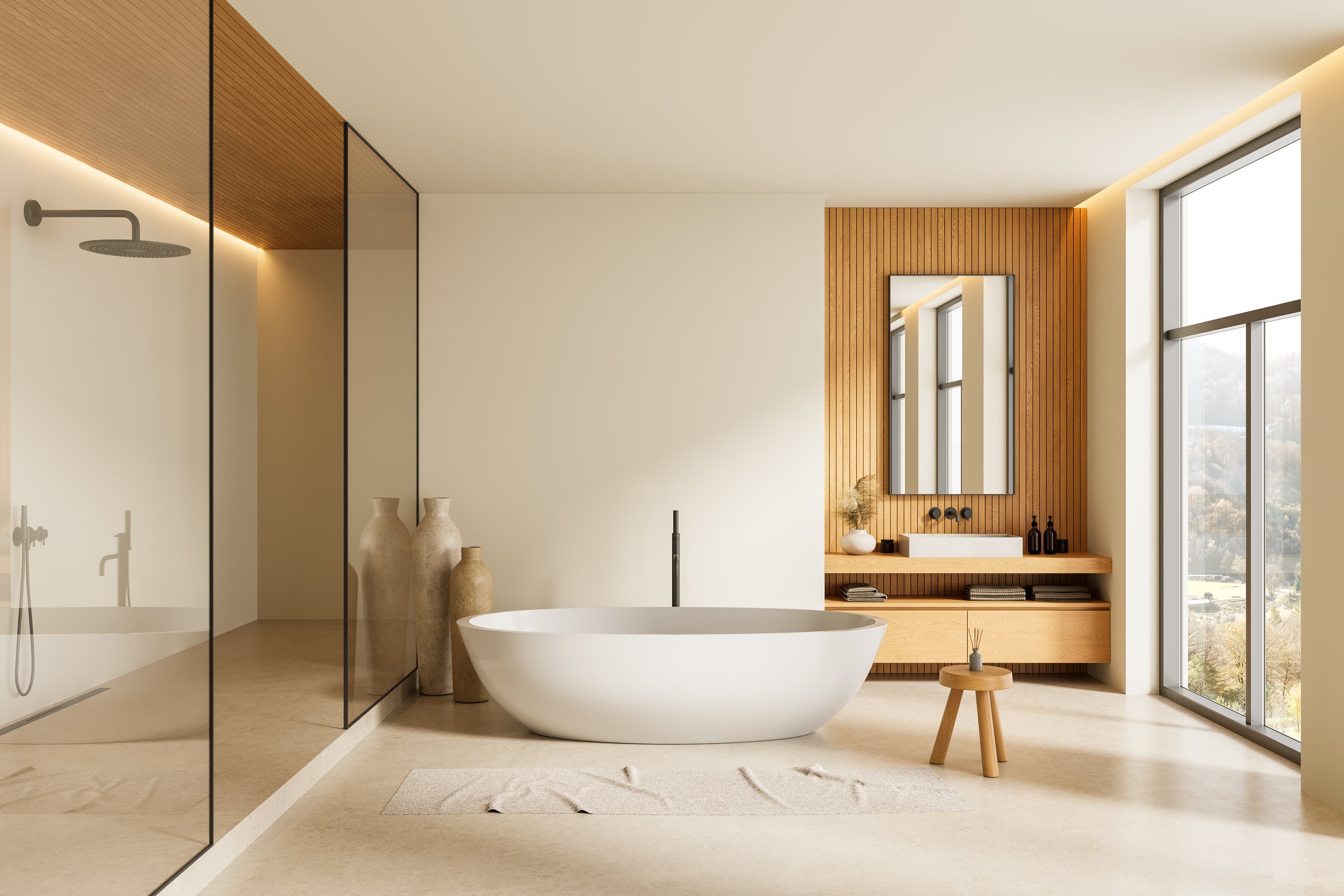 Elegant modern bathroom with white freestanding tub