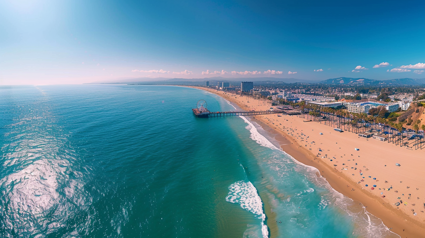 Aerial drone panorama of Santa Monica beach at sunset with downtown Los Angeles skyline in the distance