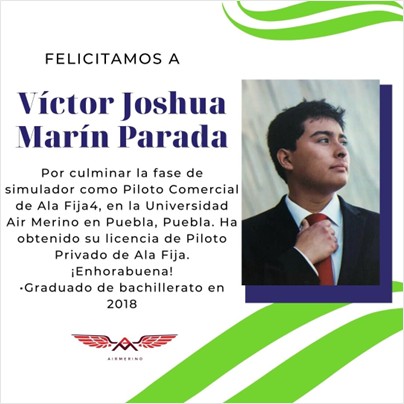 Congratulations card for Víctor Joshua Marín Paradas pilot achievements from Universidad Air Merino, Puebla.