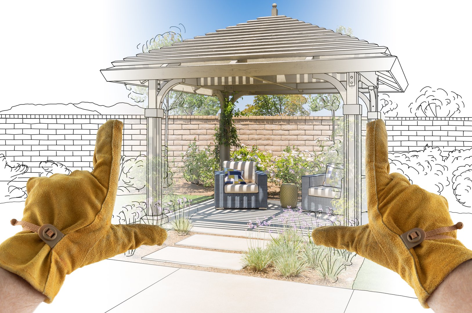 Male Contractor Hands Framing Completed Section of Custom Pergola Patio Cover Design Drawing.