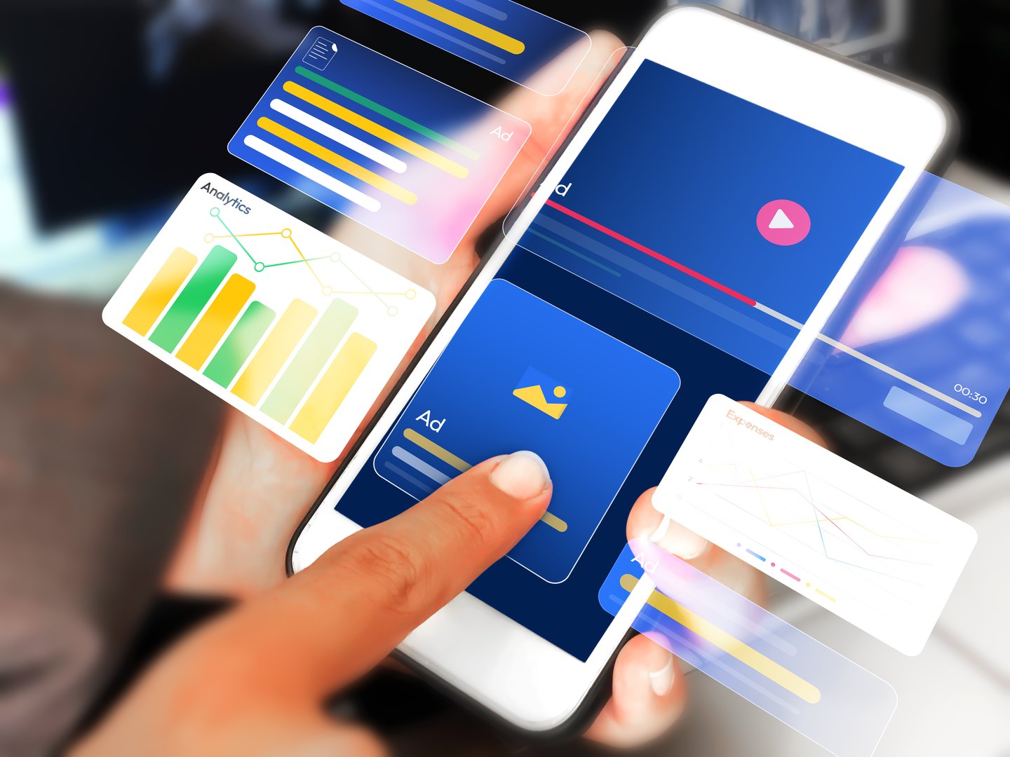 Advertisement and marketing through mobile phone concept with hovering analytics and ads design. Person touhcing on the screen and showing ads
