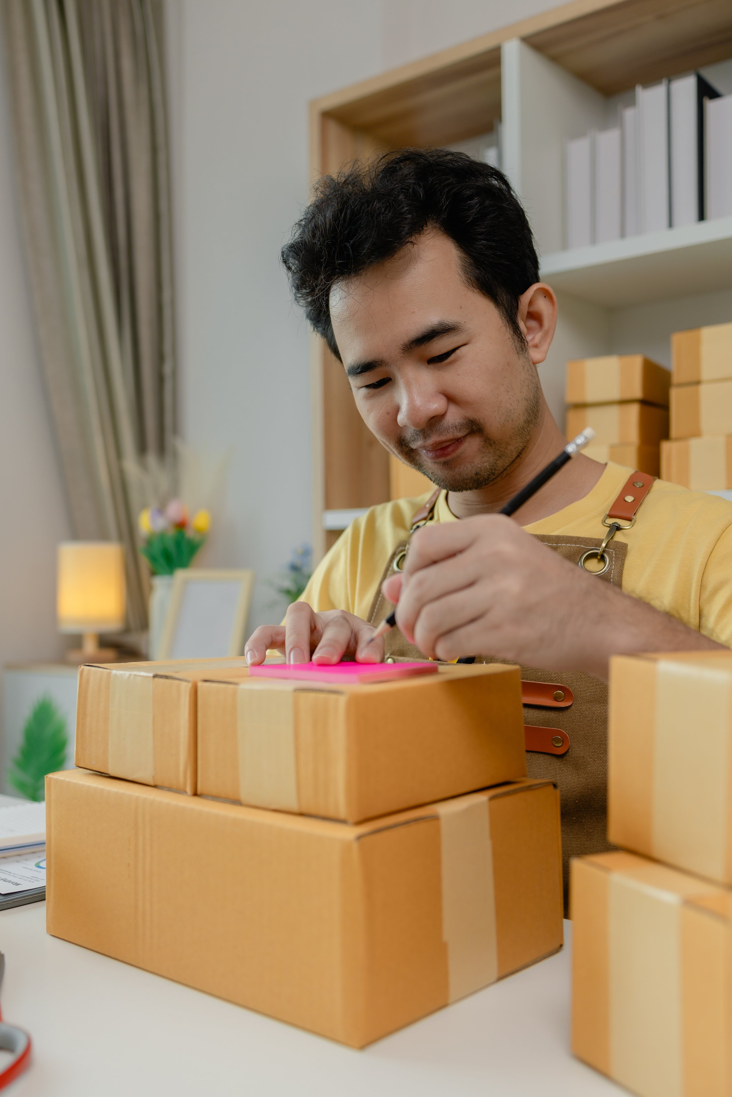An entrepreneur is working in a warehouse preparing packages for delivery drivers to pick up and deliver to customers, parcel, product, package, startup business, merchandise
