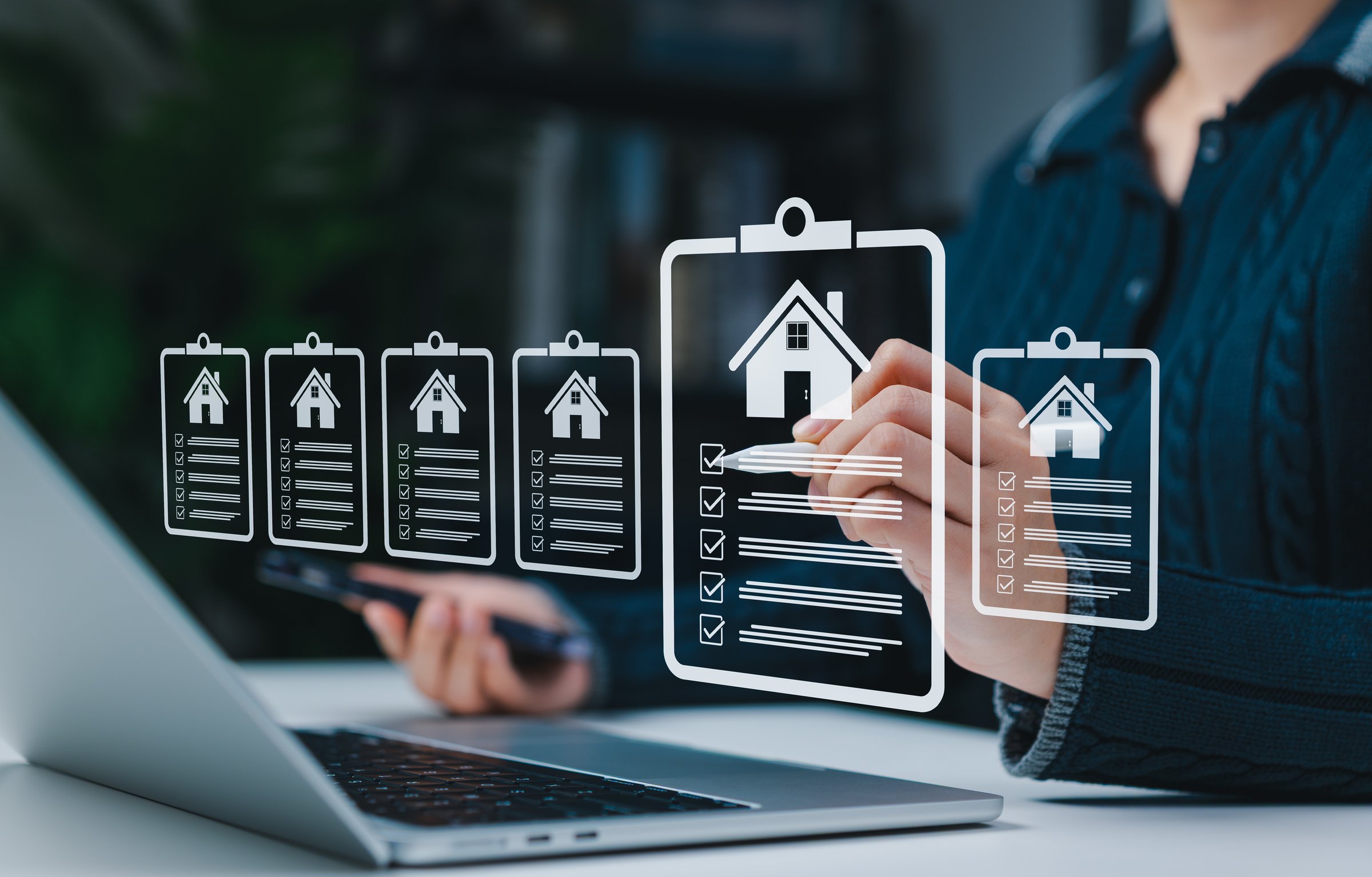 Real Estate Checklist and Property Evaluation Concept. Businesswoman interacting with clipboard icons showing house symbols and checklist items, representing real estate assessment and mortgage loan.
