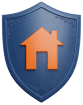 A blue shield with an orange house icon in the center, symbolizing home protection or security.
